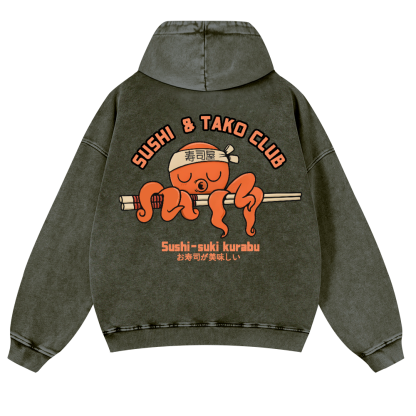 Sushi and Tako Octopus Vintage Washed Cotton Back Art Hoodie