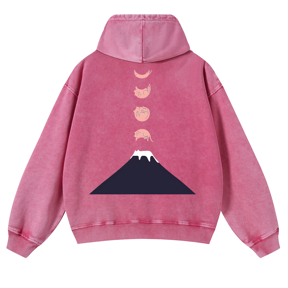 Mount Fuji Cat Moon Vintage Washed Cotton Back Art Hoodie