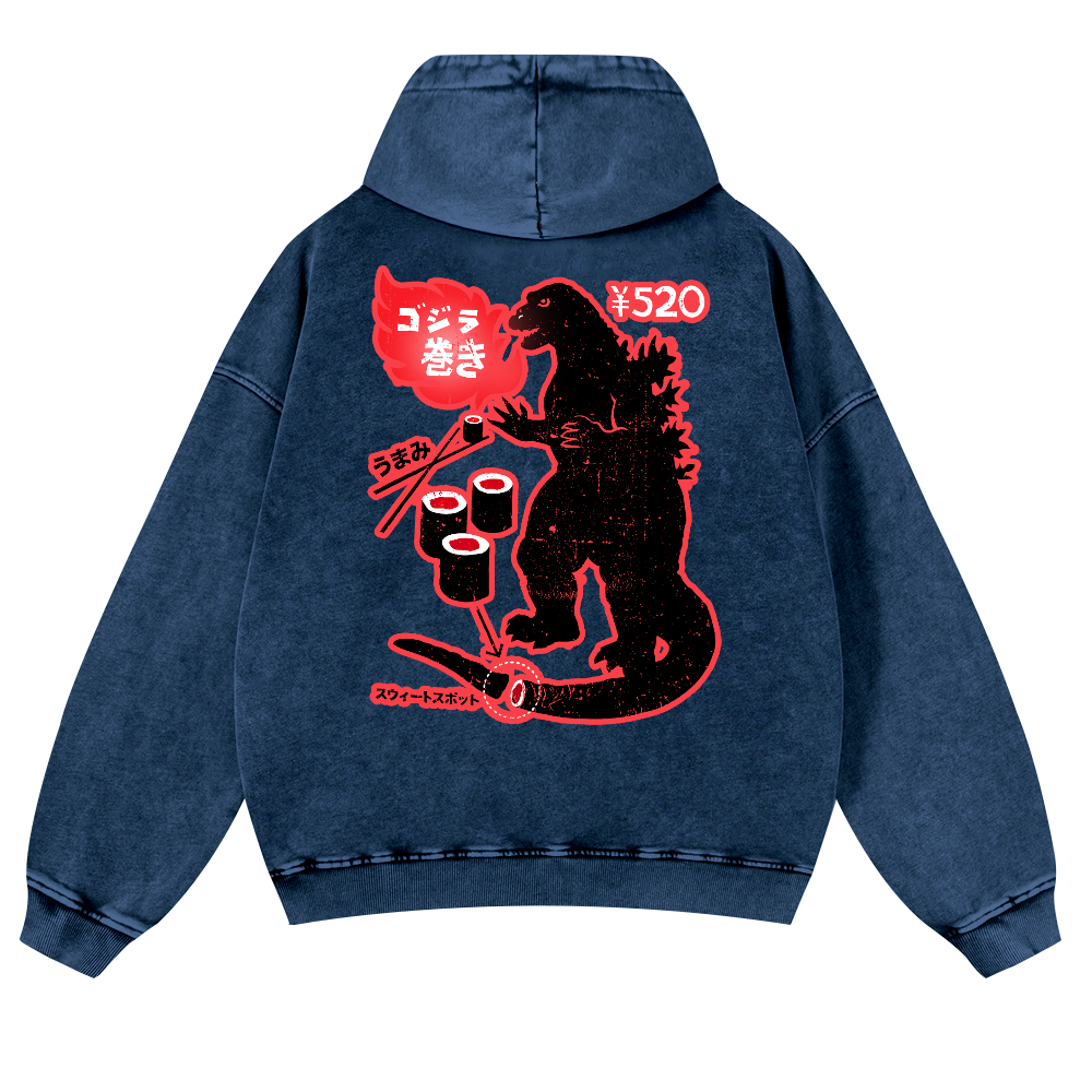 Godzilla Sushi Vintage Washed Cotton Back Art Hoodie
