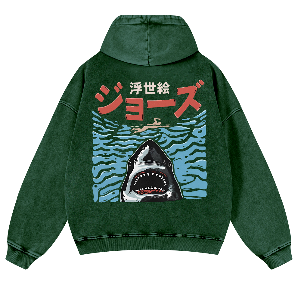 Ukiyoe Jaws Shark Vintage Washed Cotton Back Art Hoodie