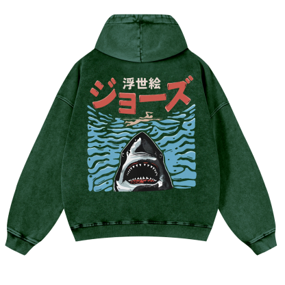 Ukiyoe Jaws Shark Vintage Washed Cotton Back Art Hoodie