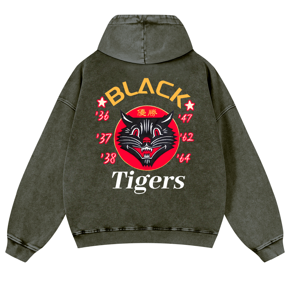 Black Cat Vintage Washed Cotton Back Art Hoodie