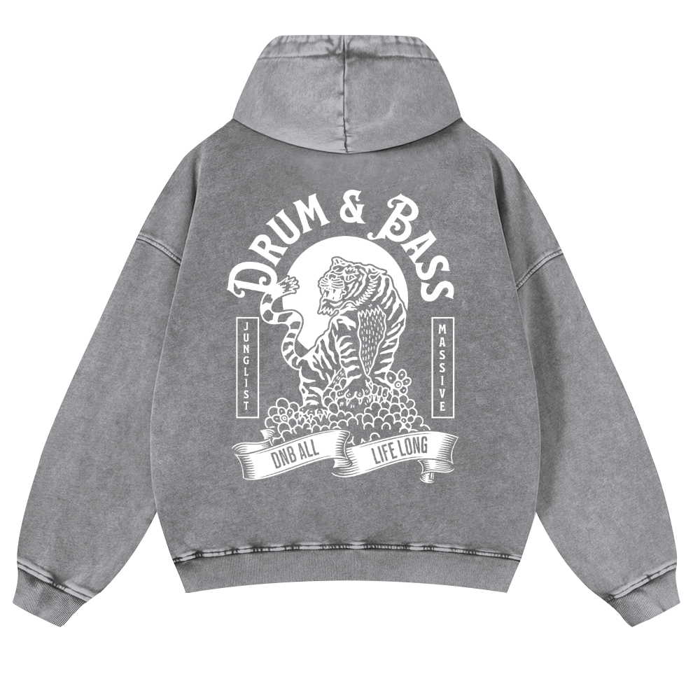 Drum and Bass Tiger Vintage Washed Cotton Back Art Hoodie