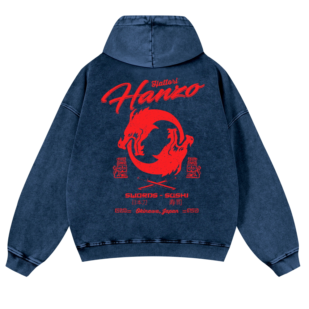 Okinawa Japan Hattori Hanzo Vintage Washed Cotton Back Art Hoodie