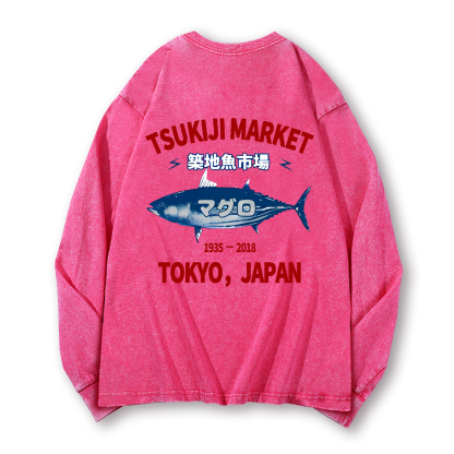 Tsukiji Market Tuna Fish Tokyo Japan Vintage Washed Cotton Back Art Long-sleeve T-shirt