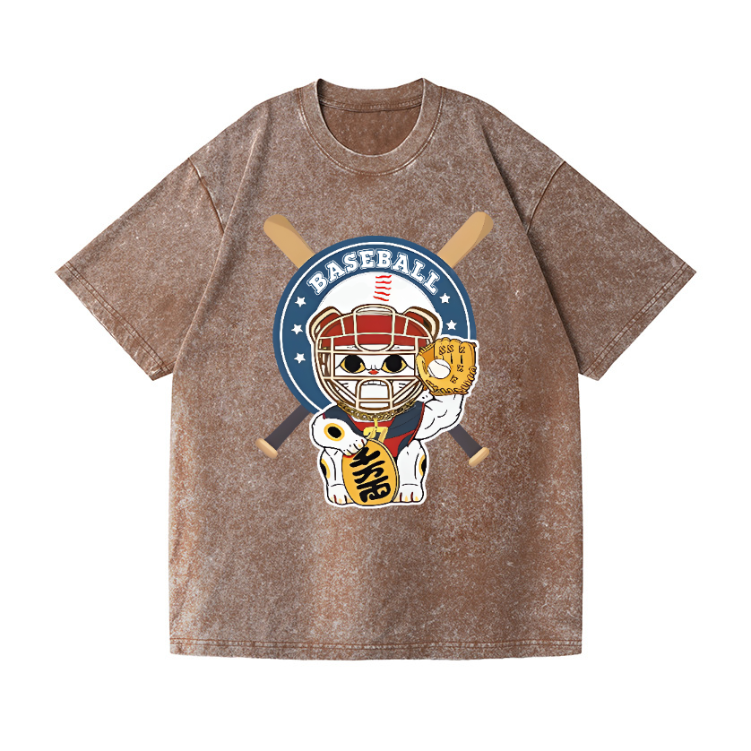 Baseball Maneki Neko Vintage Wash Japanese Design T-Shirt