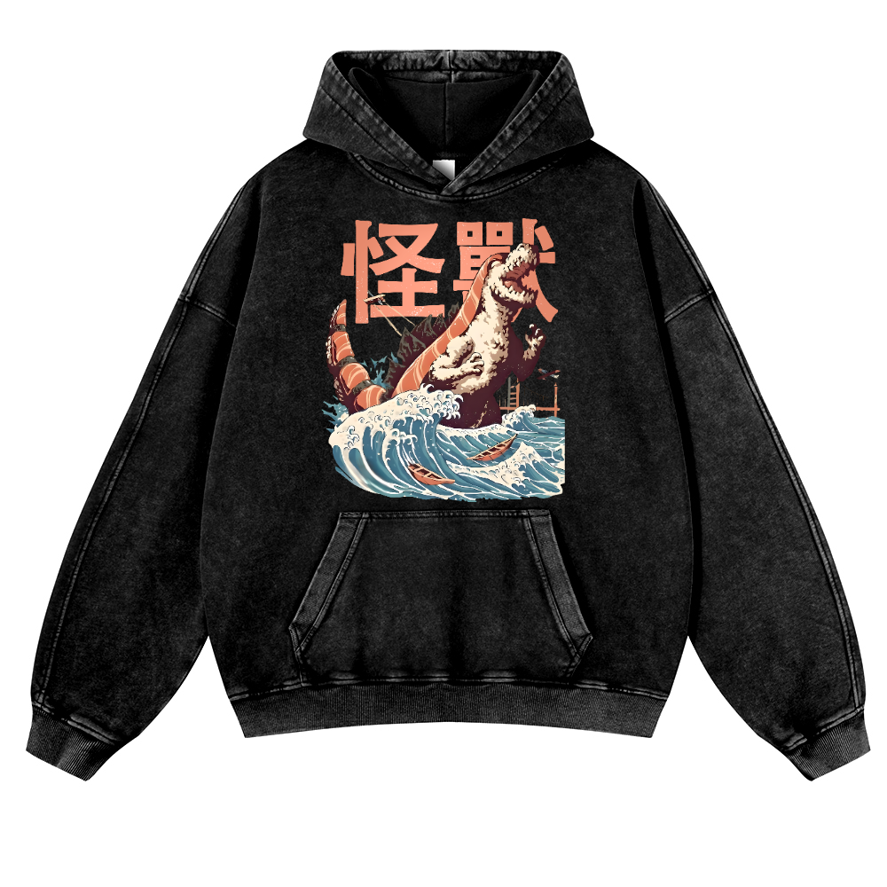 Godzilla Sushi Monster Wave Vintage Washed Thick Cotton Hoodie