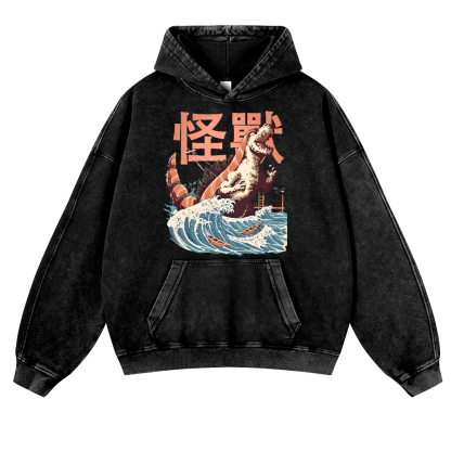 Godzilla Sushi Monster Wave Vintage Washed Thick Cotton Hoodie
