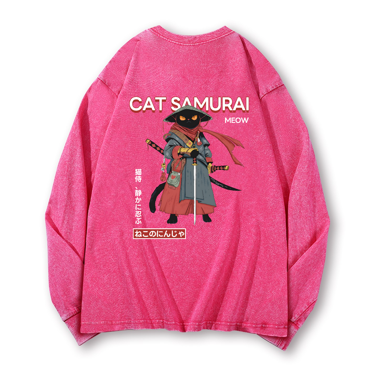 Cat Samurai Vintage Washed Cotton Back Art Long-sleeve T-shirt