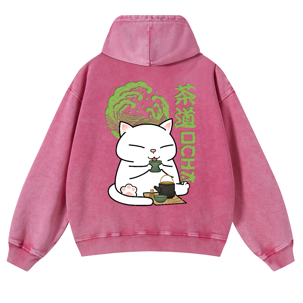 Cat Tea Vintage Washed Cotton Back Art Hoodie
