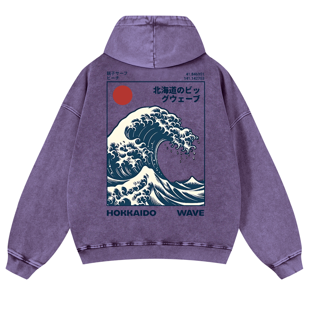 Hokkaido Wave Ukiyoe Vintage Washed Cotton Back Art Hoodie
