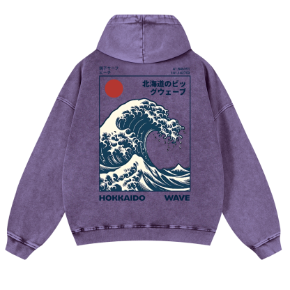 Hokkaido Wave Ukiyoe Vintage Washed Cotton Back Art Hoodie
