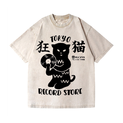 Tokyo Cat Record Store Vintage Wash Japanese Design T-Shirt