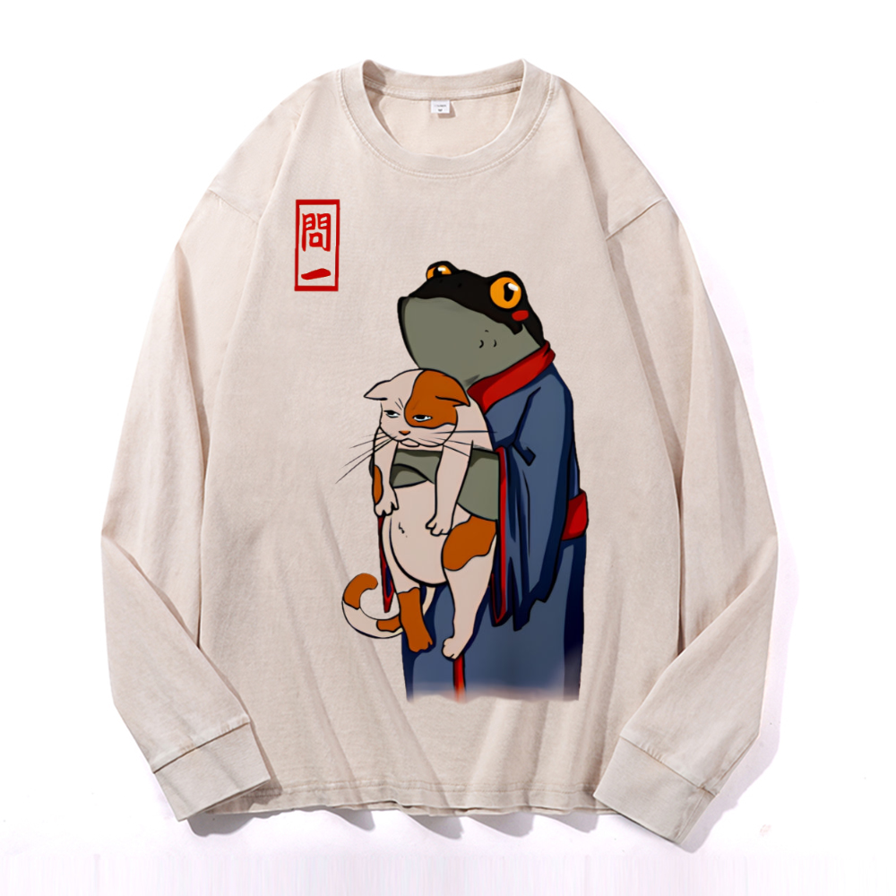 Frog Cat Vintage Cotton Wash Crewneck Sweatshirt