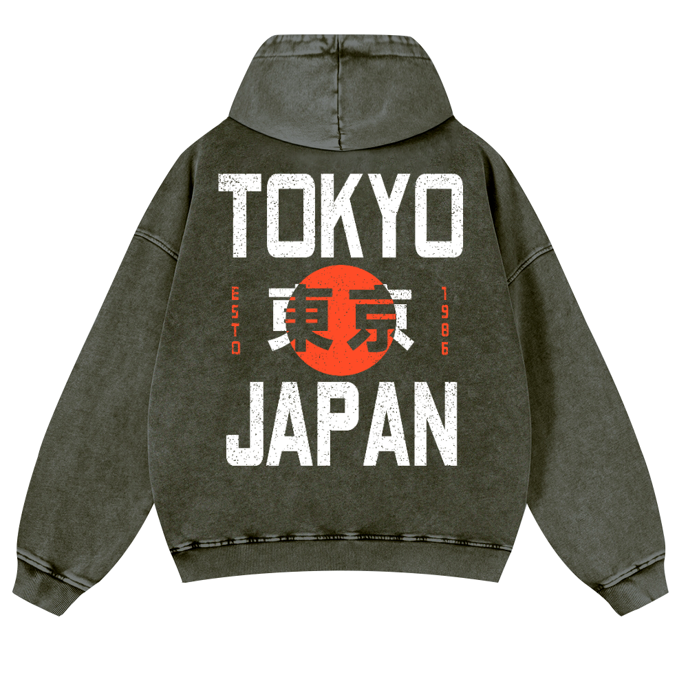Tokyo Japan 1986 Vintage Washed Cotton Back Art Hoodie