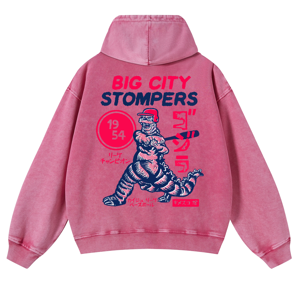 Baseball Godzilla Vintage Washed Cotton Back Art Hoodie