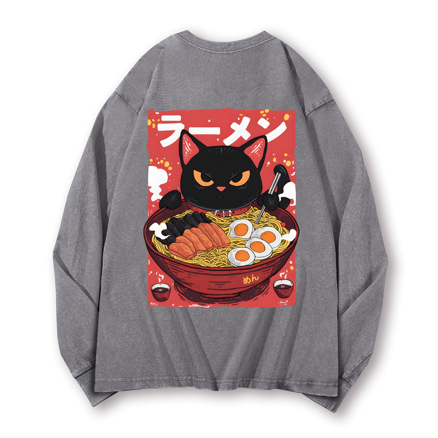 Ramen Black Cat Vintage Washed Cotton Back Art Long-sleeve T-shirt