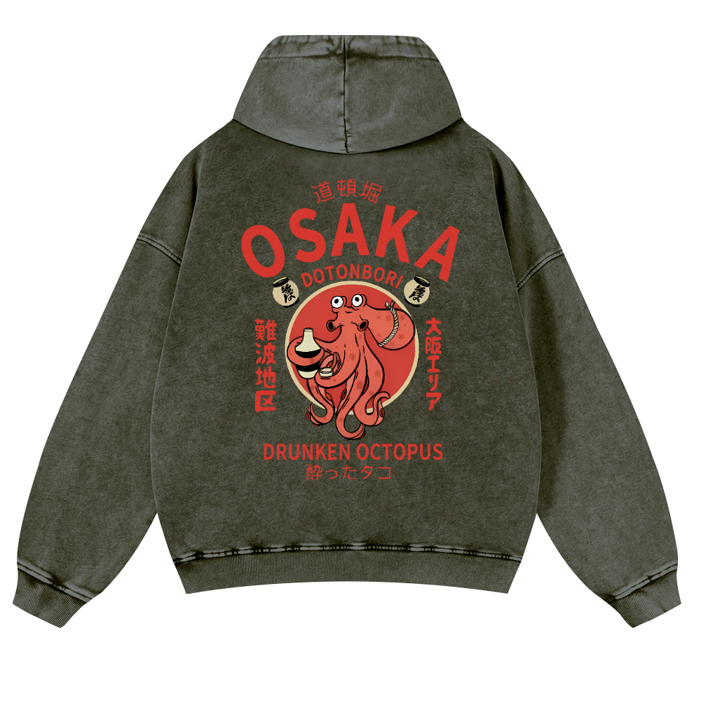 Osaka Dotonbori Drunken Octopus Vintage Washed Cotton Back Art Hoodie