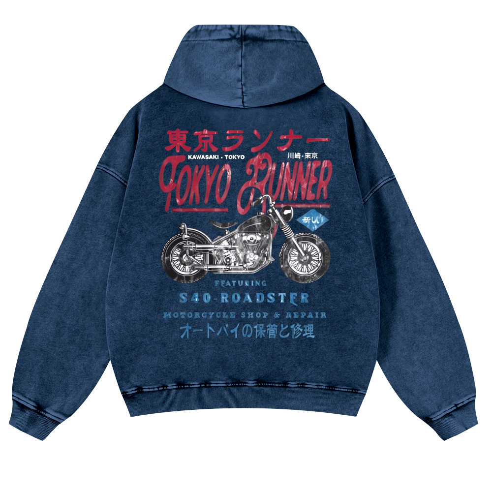 Kawasaki Motorcycle Vintage Washed Cotton Back Art Hoodie