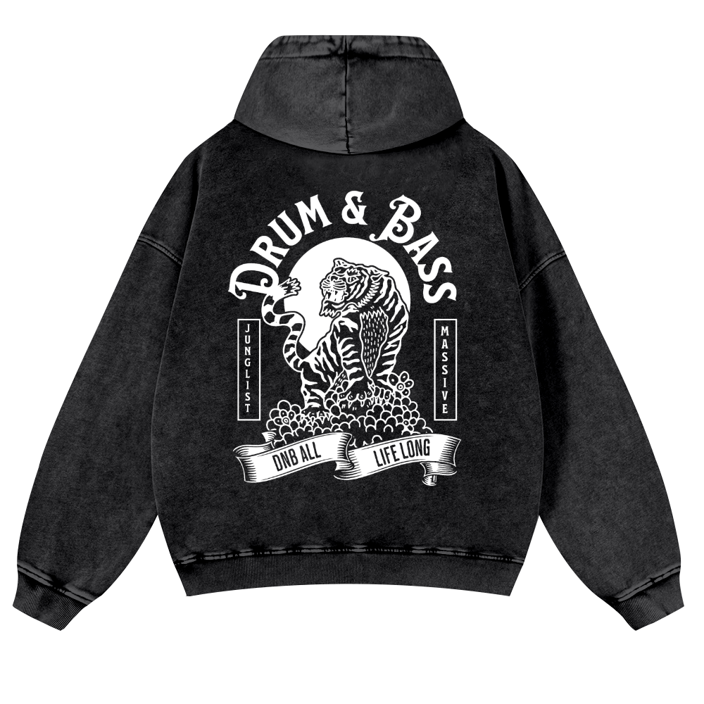 Drum and Bass Tiger Vintage Washed Cotton Back Art Hoodie