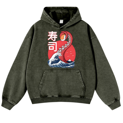 Sushi Octopus Vintage Washed Thick Cotton Hoodie