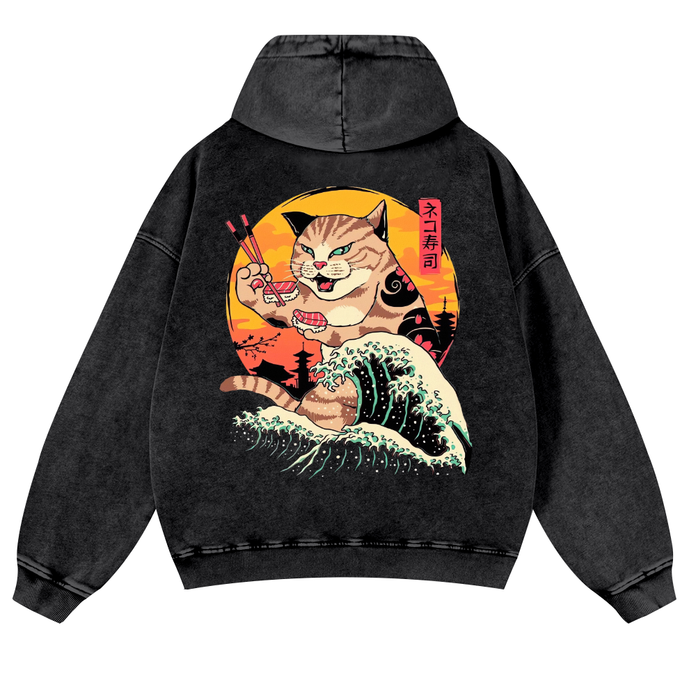 Ukiyoe Cat Vintage Washed Cotton Back Art Hoodie