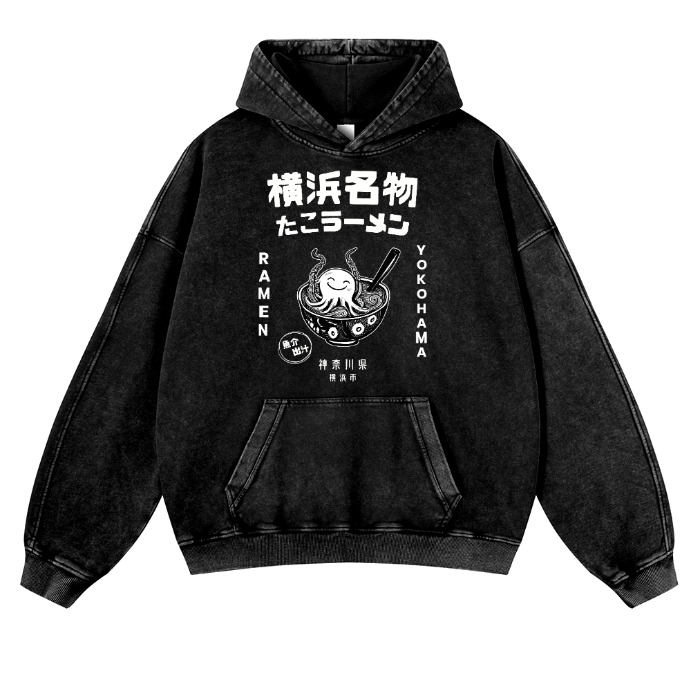 Yokohama Ramen Octopus Vintage Washed Thick Cotton Hoodie