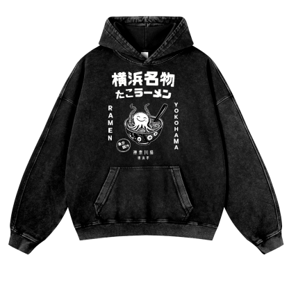 Yokohama Ramen Octopus Vintage Washed Thick Cotton Hoodie