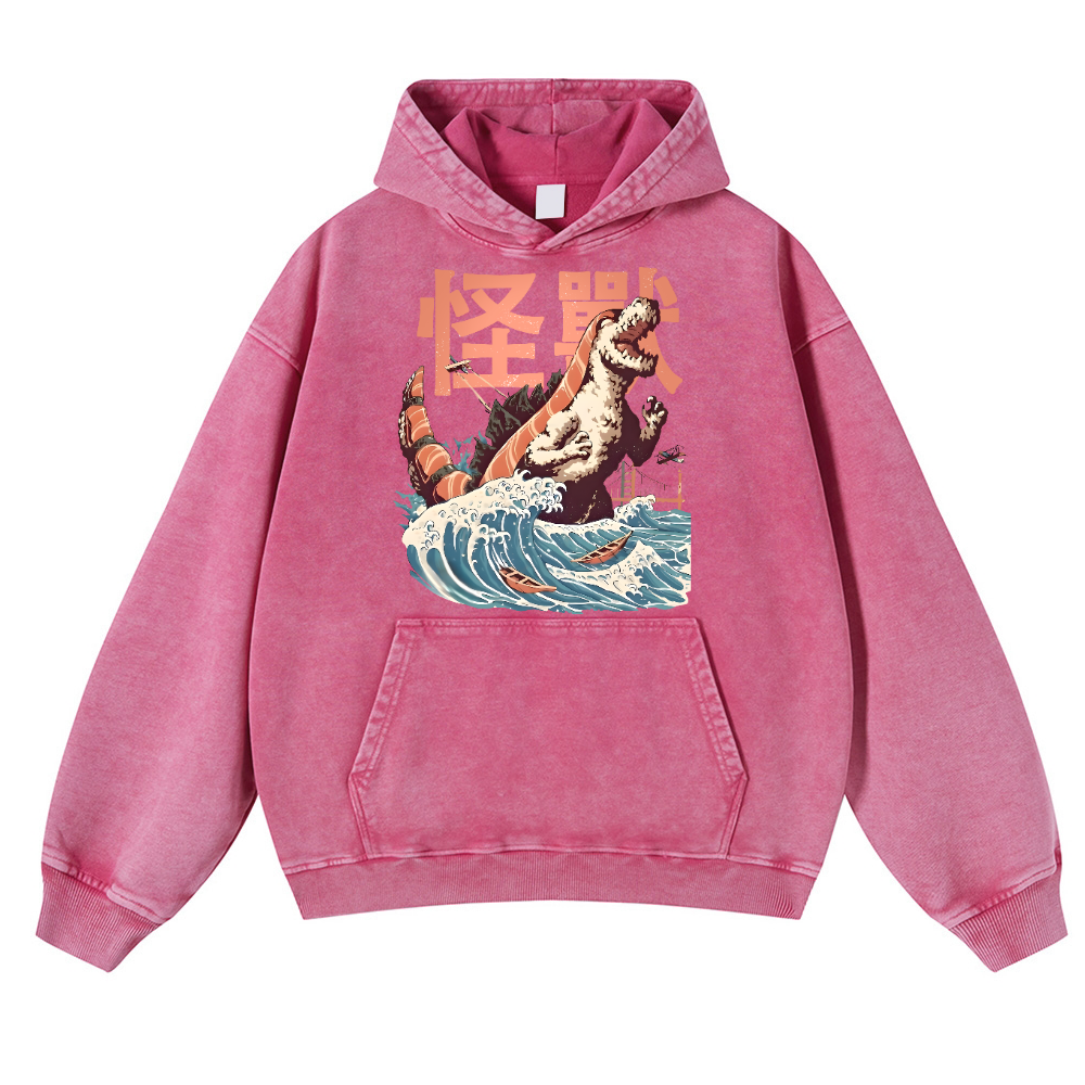 Godzilla Sushi Monster Wave Vintage Washed Thick Cotton Hoodie