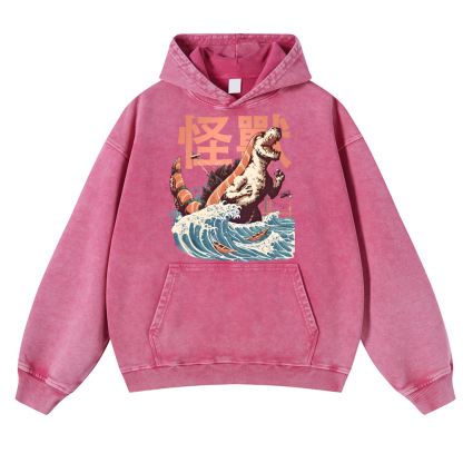 Godzilla Sushi Monster Wave Vintage Washed Thick Cotton Hoodie