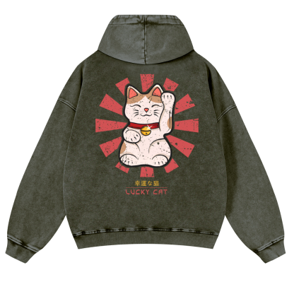 Lucky Cat Vintage Washed Cotton Back Art Hoodie