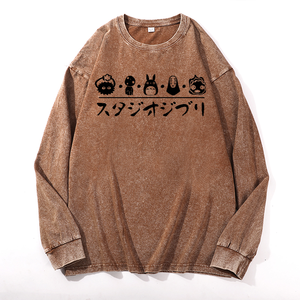 Ghibli Totoro No Face Kaonashi Vintage Cotton Wash Long-sleeve T-shirt