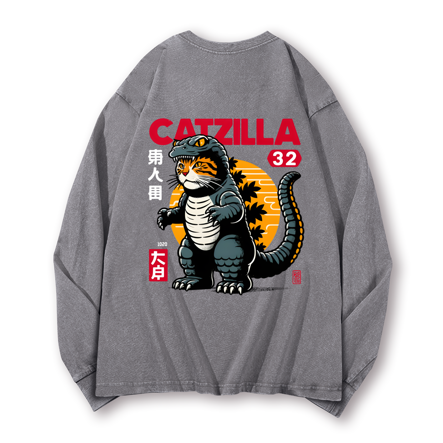 Cat Godzilla Catzilla Vintage Washed Cotton Back Art Long-sleeve T-shirt