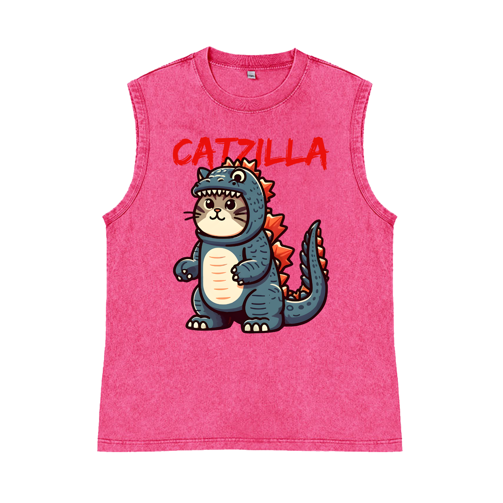 Catzilla Cat Godzilla Pure Cotton Wash-Dyed Sleeveless Tank Top