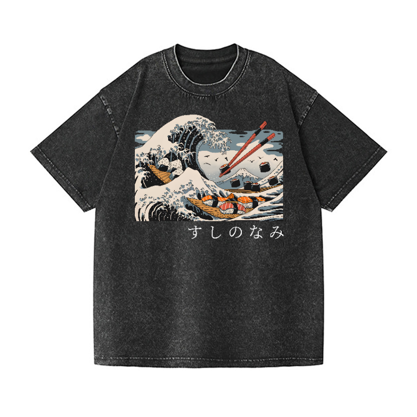 Sushi Kanagawa Wave Ukiyoe Vintage Wash Japanese Design T-Shirt