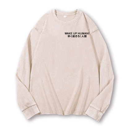 Wake Up Human Vintage Washed Cotton Back Art Long-sleeve T-shirt
