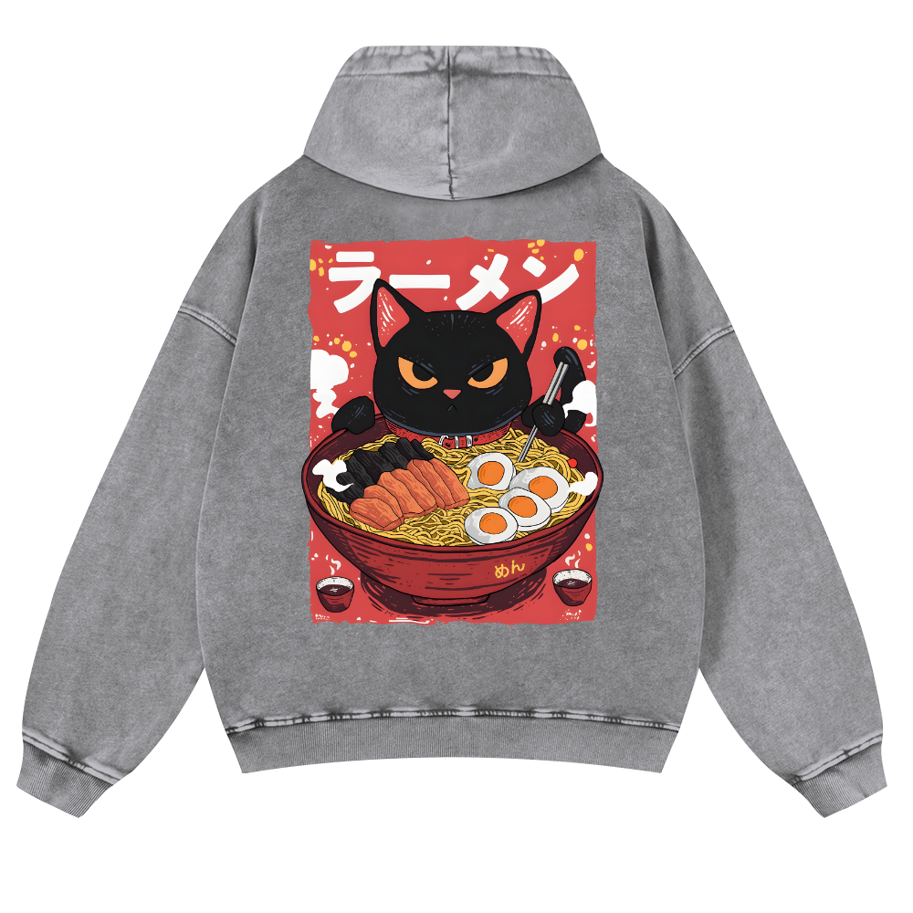 Ramen Black Cat Vintage Washed Cotton Back Art Hoodie