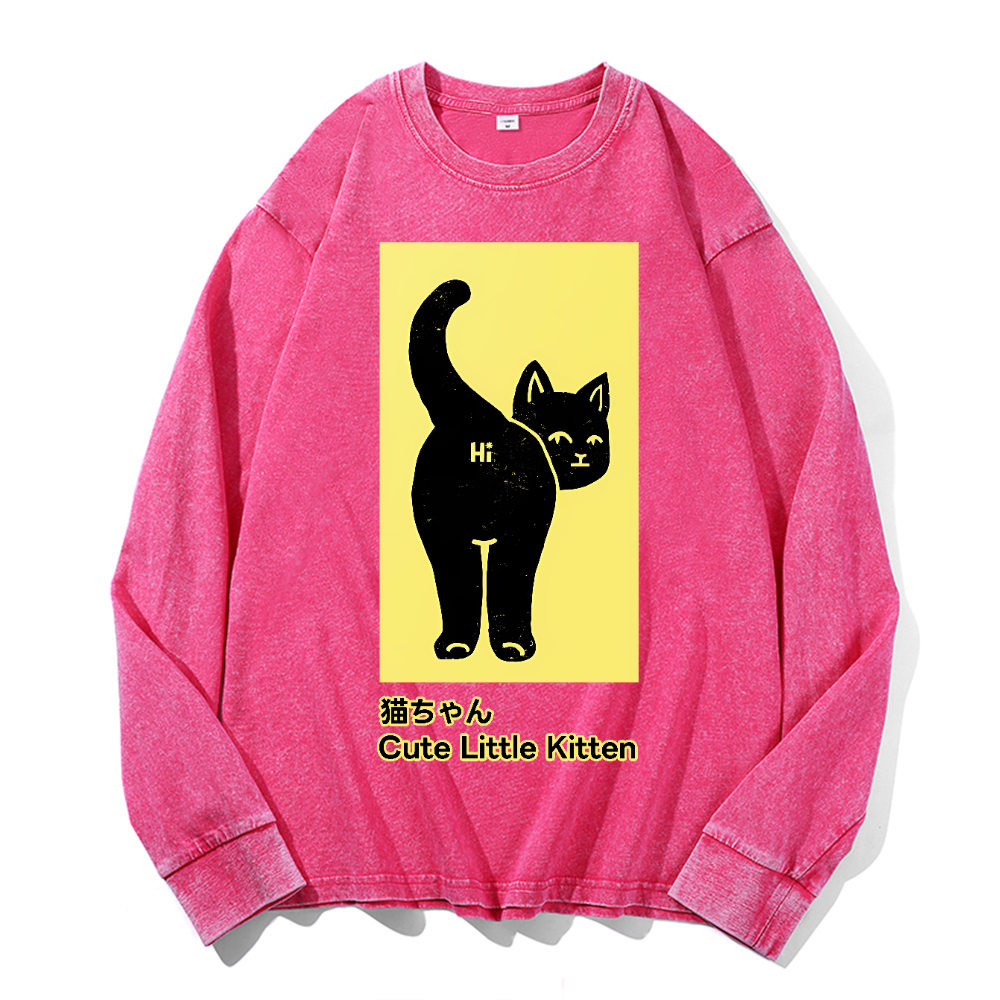 Cute Little Kitten Black Cat Vintage Cotton Wash Crewneck Sweatshirt