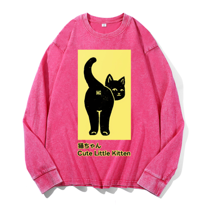 Cute Little Kitten Black Cat Vintage Cotton Wash Crewneck Sweatshirt