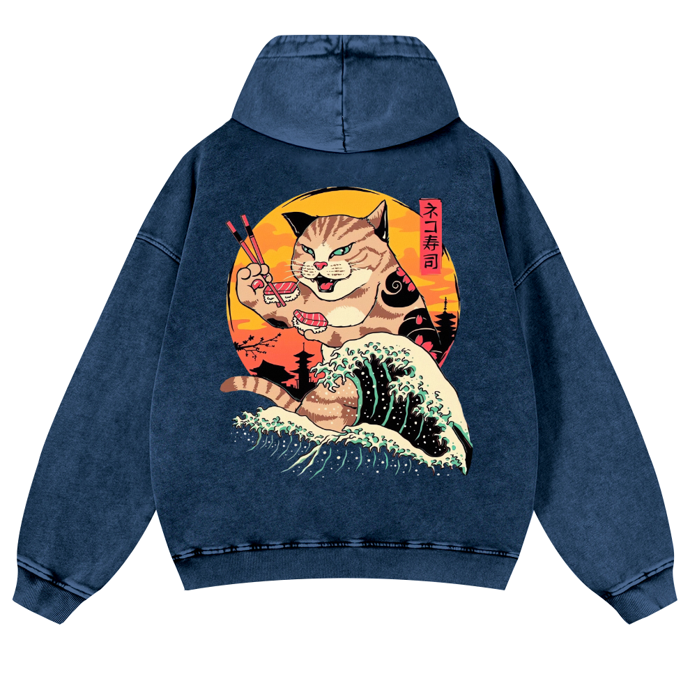 Ukiyoe Cat Vintage Washed Cotton Back Art Hoodie