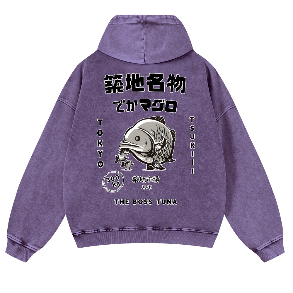 Tsukiji Market Tuna Fish Tokyo Vintage Washed Cotton Back Art Hoodie