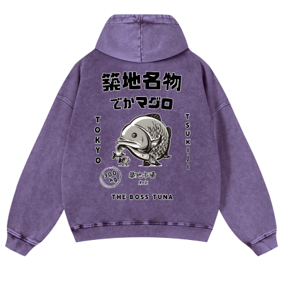 Tsukiji Market Tuna Fish Tokyo Vintage Washed Cotton Back Art Hoodie