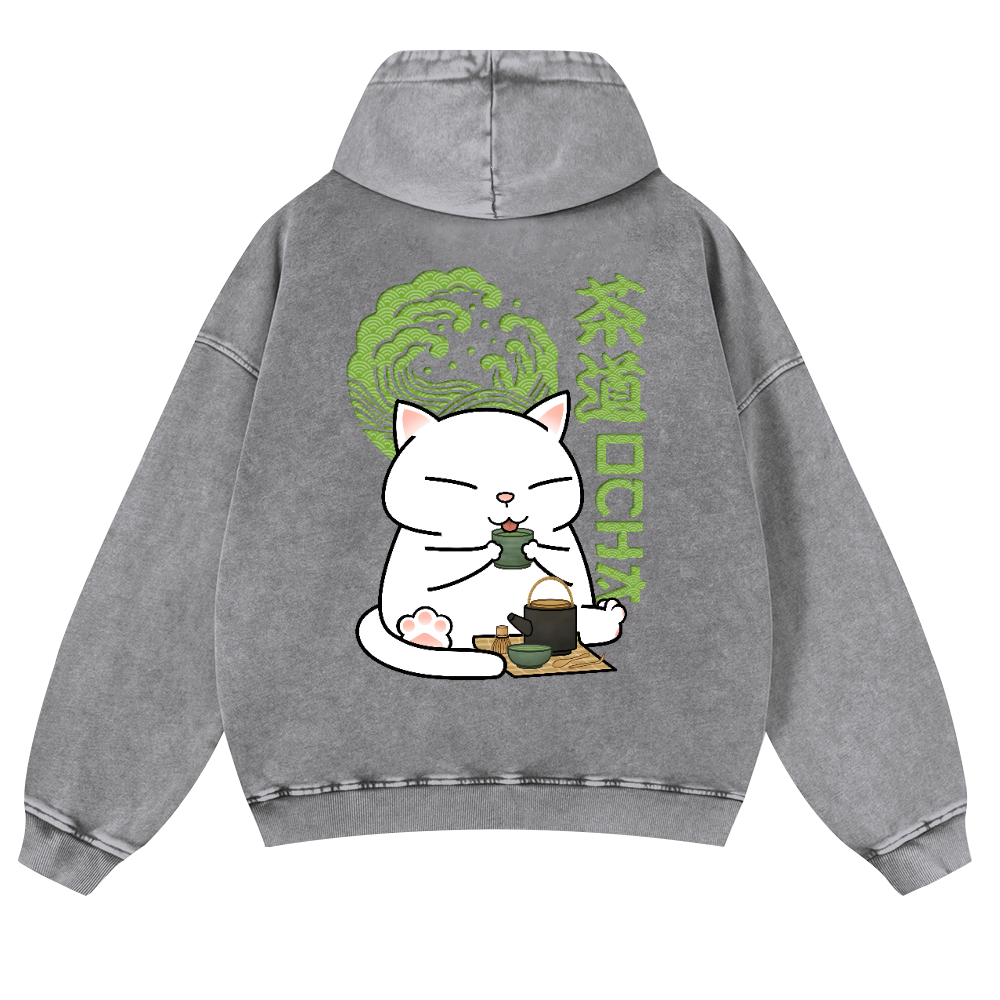 Cat Tea Vintage Washed Cotton Back Art Hoodie