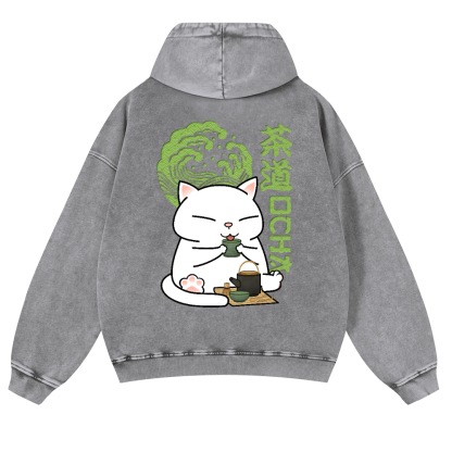 Cat Tea Vintage Washed Cotton Back Art Hoodie