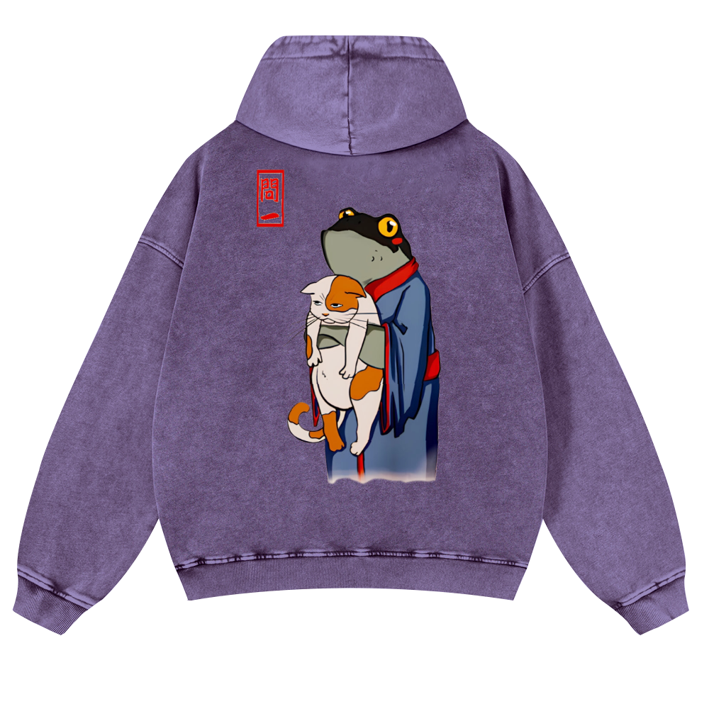 Frog and Cat Vintage Washed Cotton Back Art Hoodie