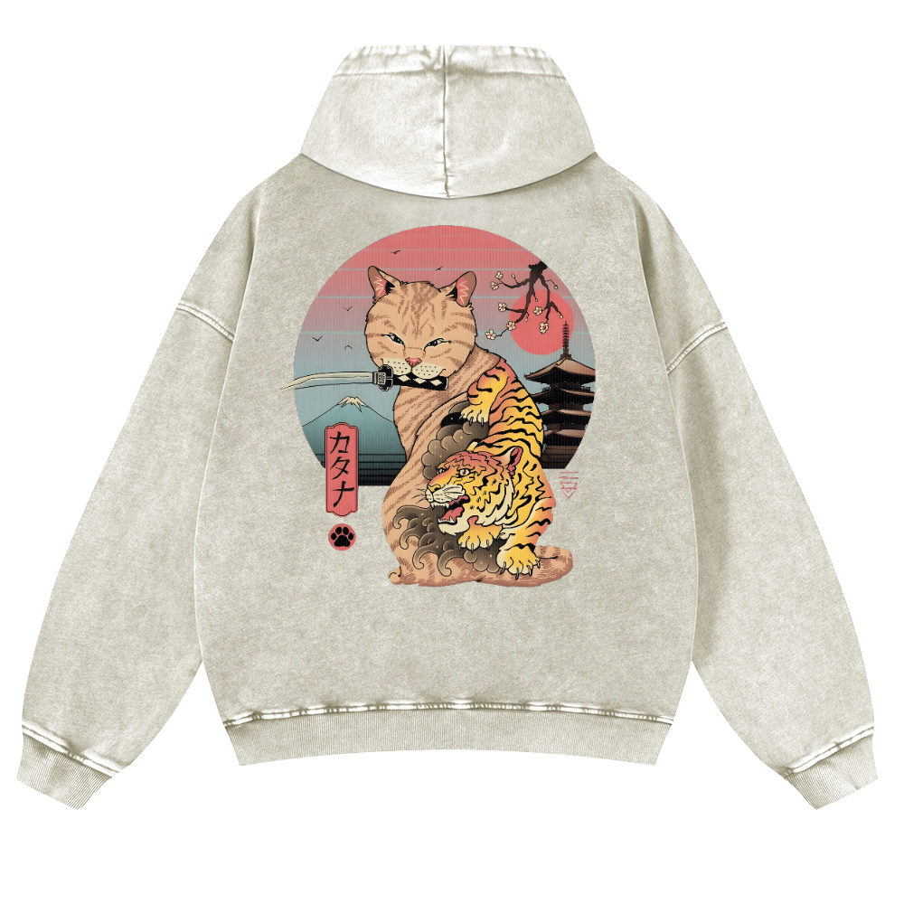Japanese themed Cat Tiger Illustration Vintage Washed Cotton Back Art Hoodie