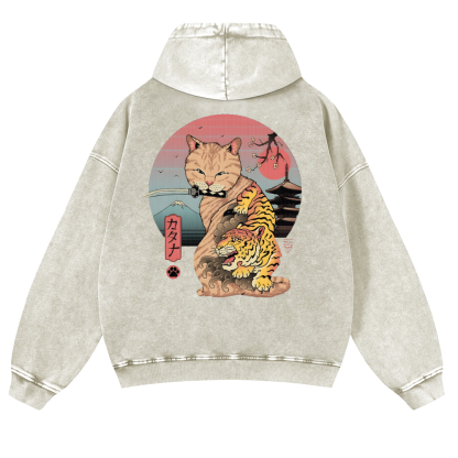 Japanese themed Cat Tiger Illustration Vintage Washed Cotton Back Art Hoodie