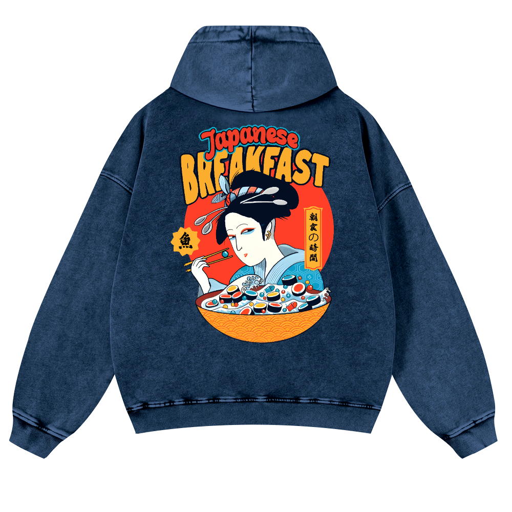Geisha Fish Sushi Vintage Washed Cotton Back Art Hoodie