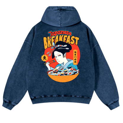 Geisha Fish Sushi Vintage Washed Cotton Back Art Hoodie