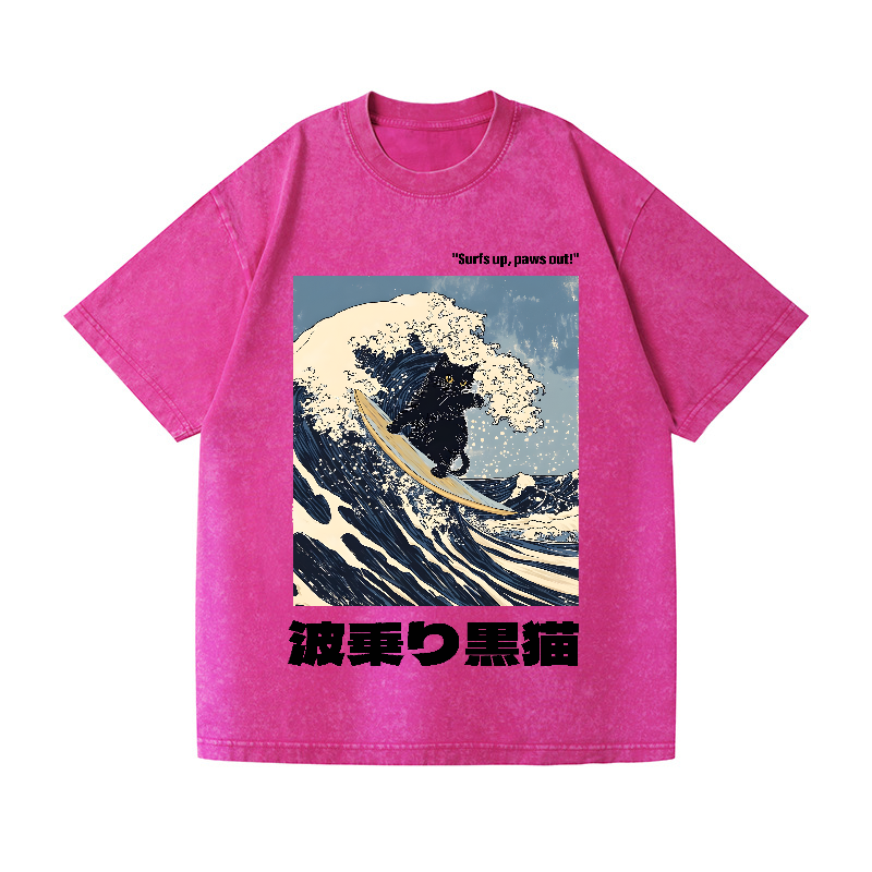 Black Cat Great Wave Vintage Wash Japanese Design T-Shirt